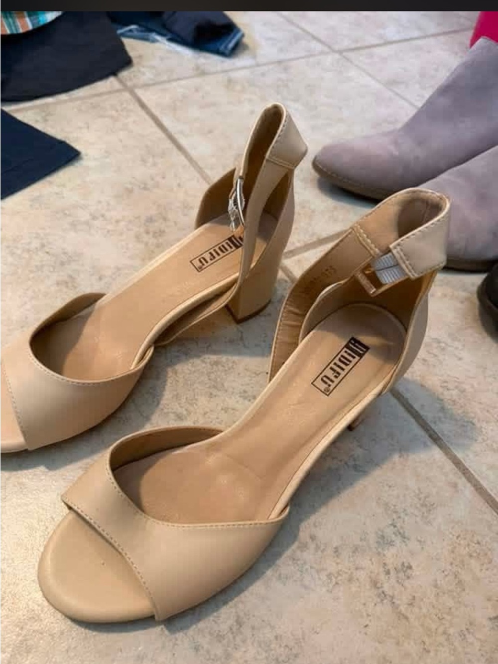 Neutral Beige Ankle-Strap Block Heel Sandals